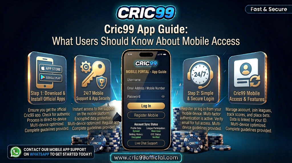 Cric99 app guide showing mobile access, secure account login, smartphone usability, and a beginner-friendly user experience overview.