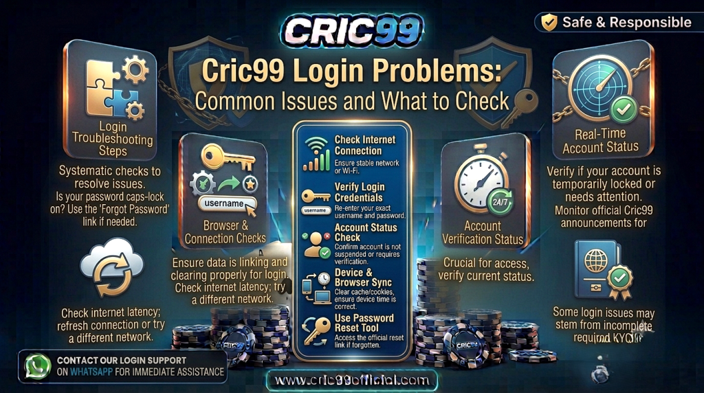 Cric99 login problems guide explaining common access issues, password checks, browser troubleshooting, verification steps, and account login tips.